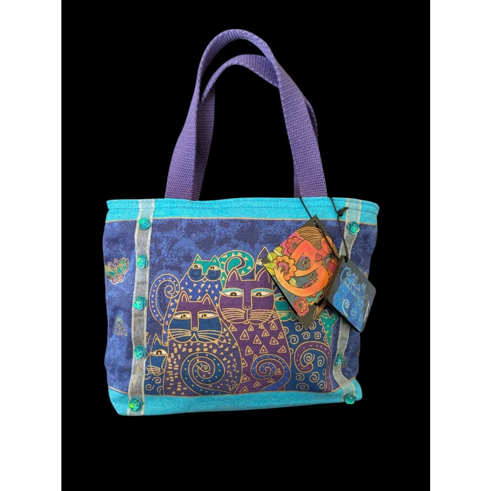 Small Laurel Burch Indigo Cats Double Handle Square Shaped Canvas Tote Bag